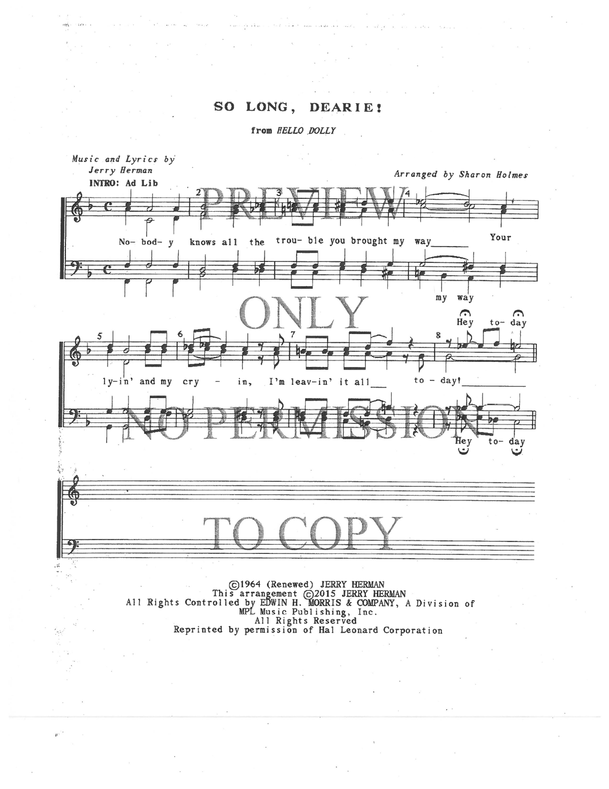 So Long, Dearie (Hello, Dolly) — sheet music preview, arranged by Sharon Holmes
