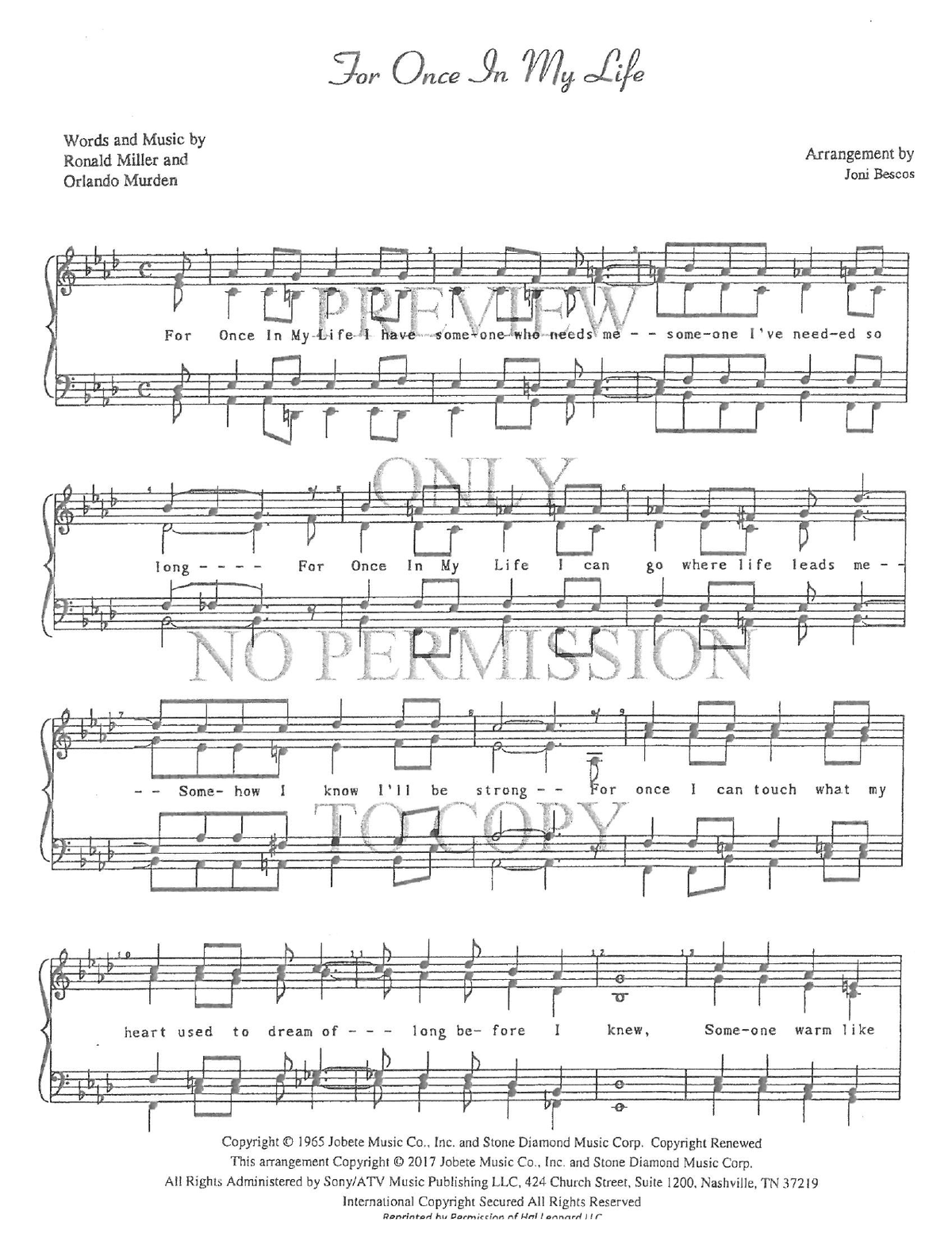 For Once In My Life — sheet music preview, arranged by Joni Bescos