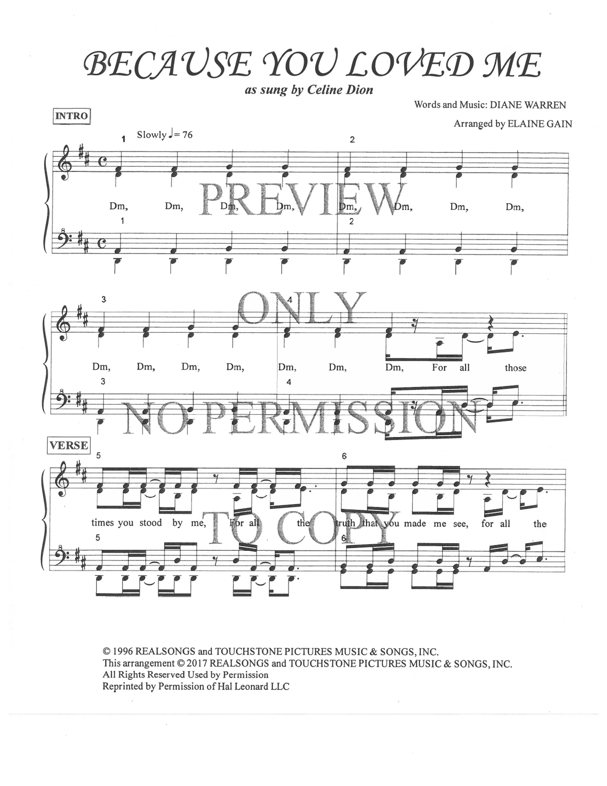 Because You Loved Me — sheet music preview, arranged by Elaine Gain