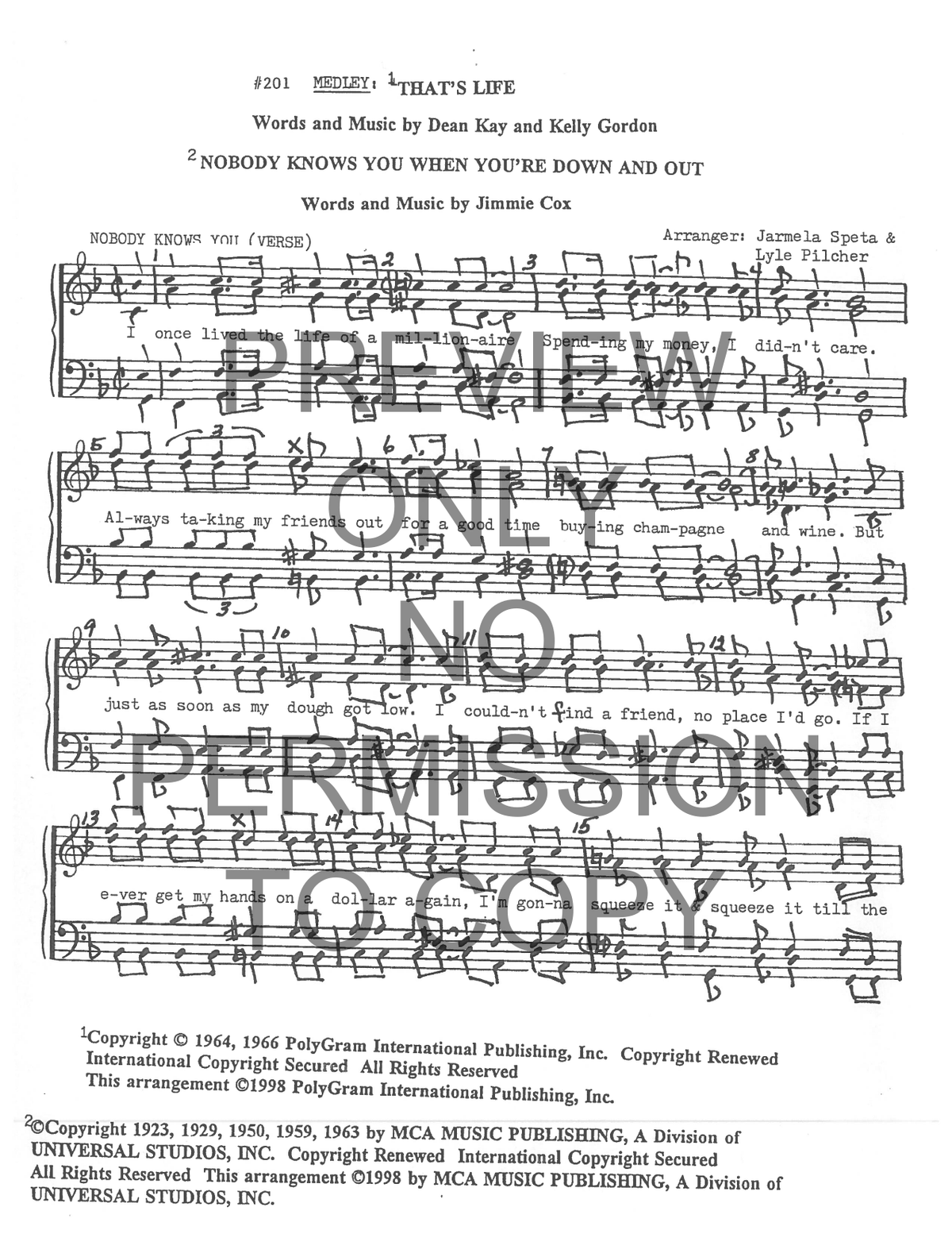 201 Medley - That's Life — sheet music preview, arranged by Jarmela Speta