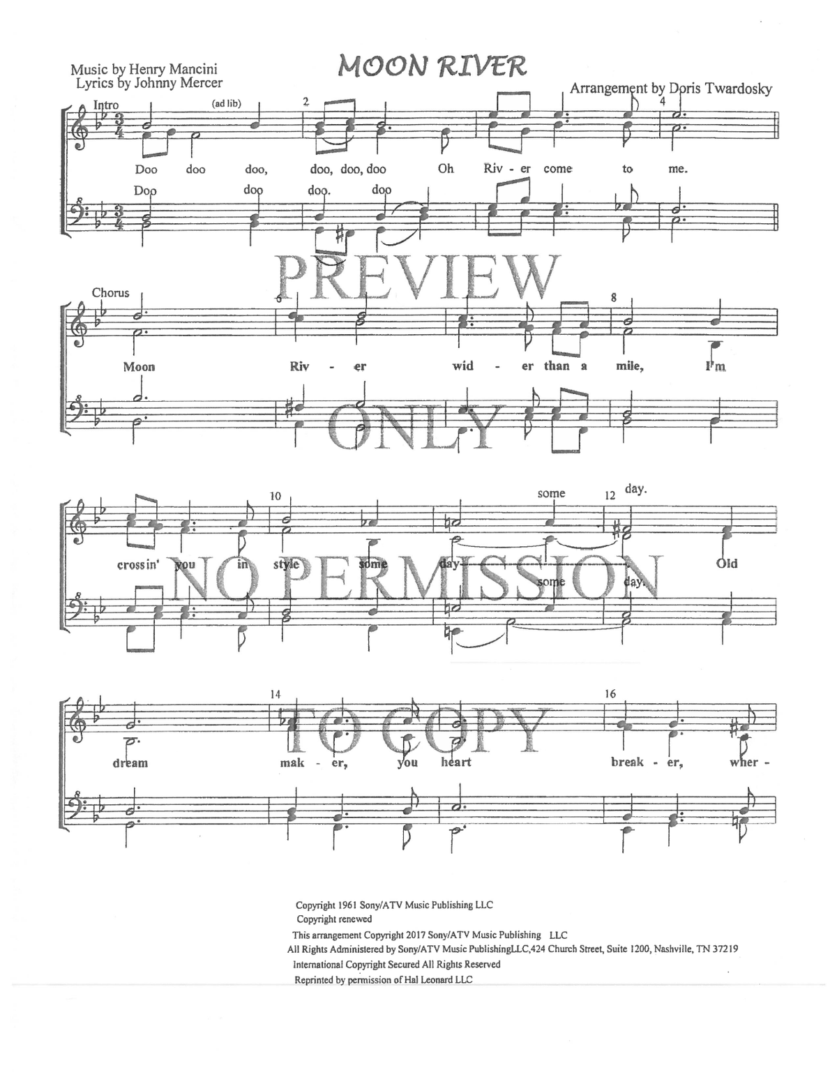 Moon River — sheet music preview, arranged by Doris Twardosky