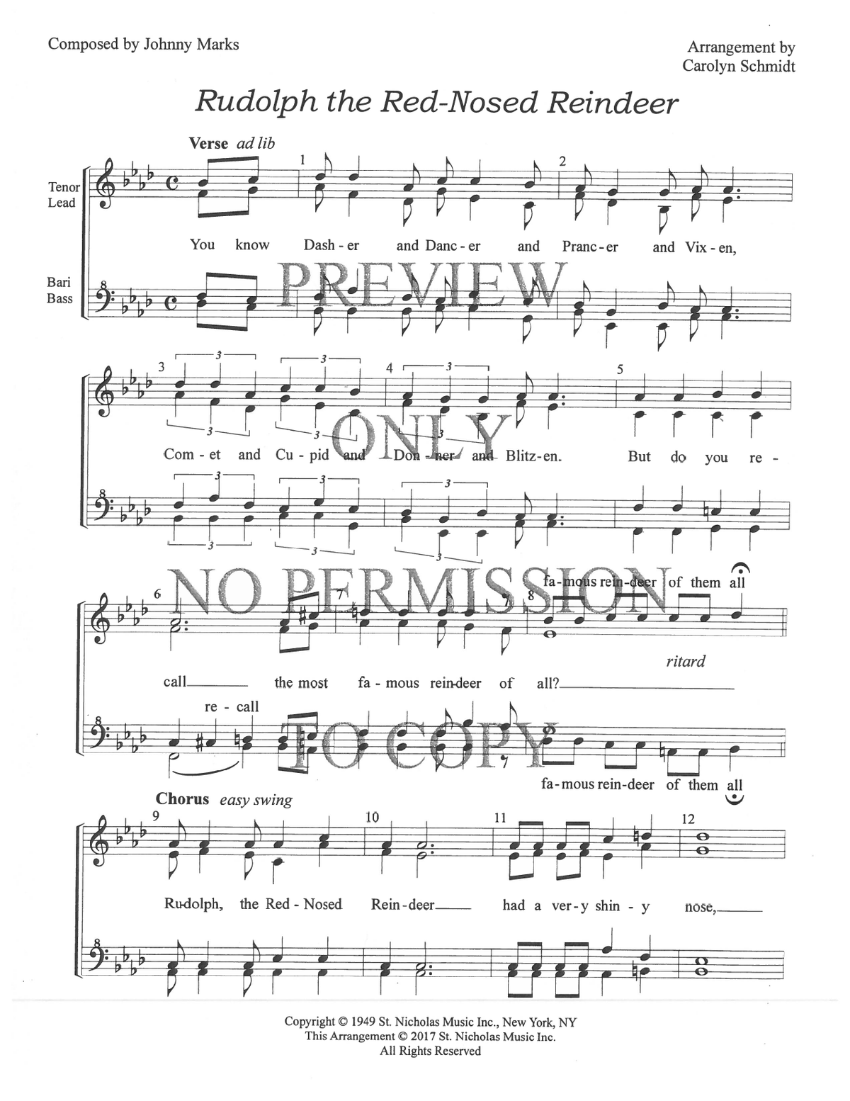 Rudolph The Red-Nosed Reindeer — sheet music preview, arranged by Carolyn Schmidt