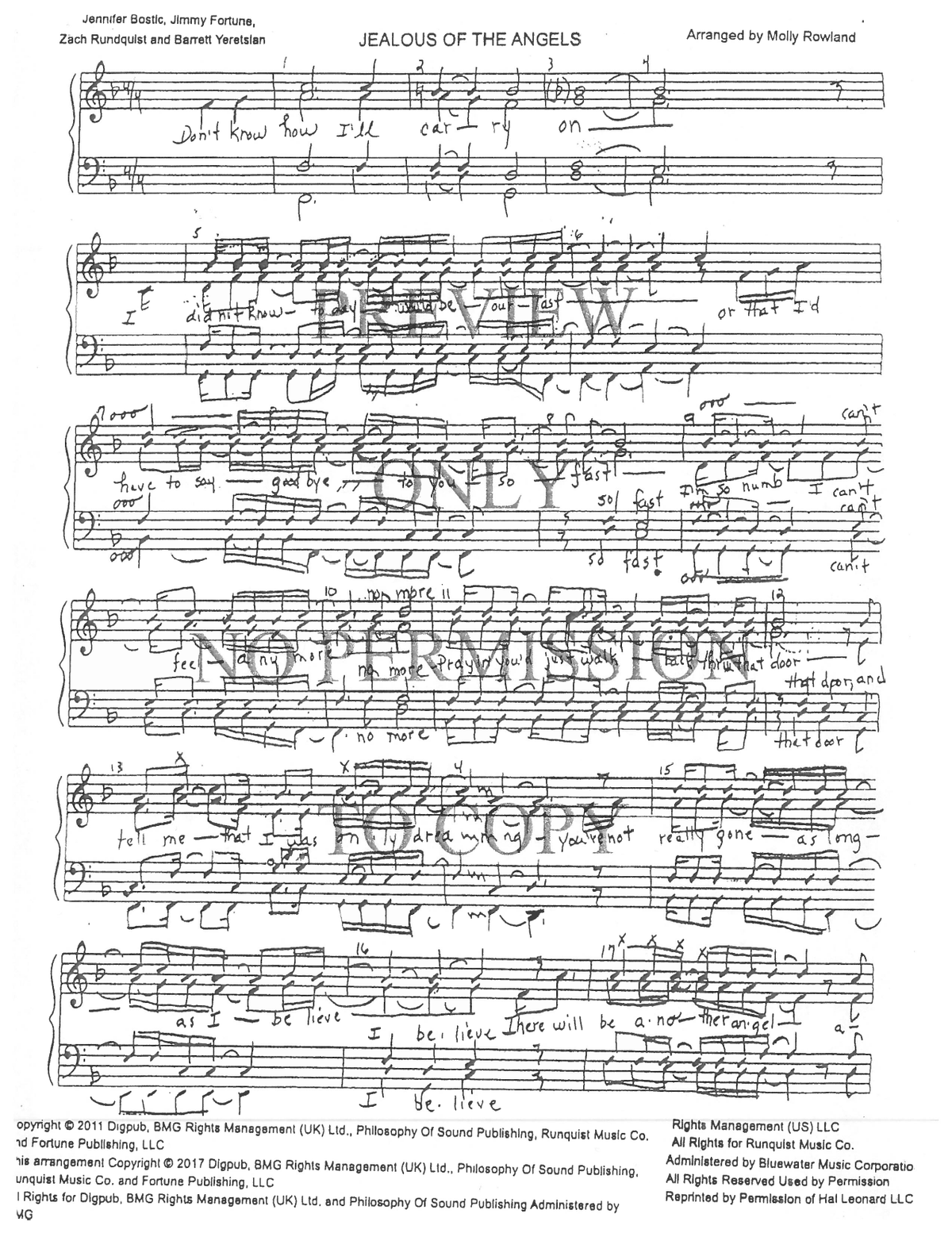 Jealous Of The Angels — sheet music preview, arranged by Molly Rowland