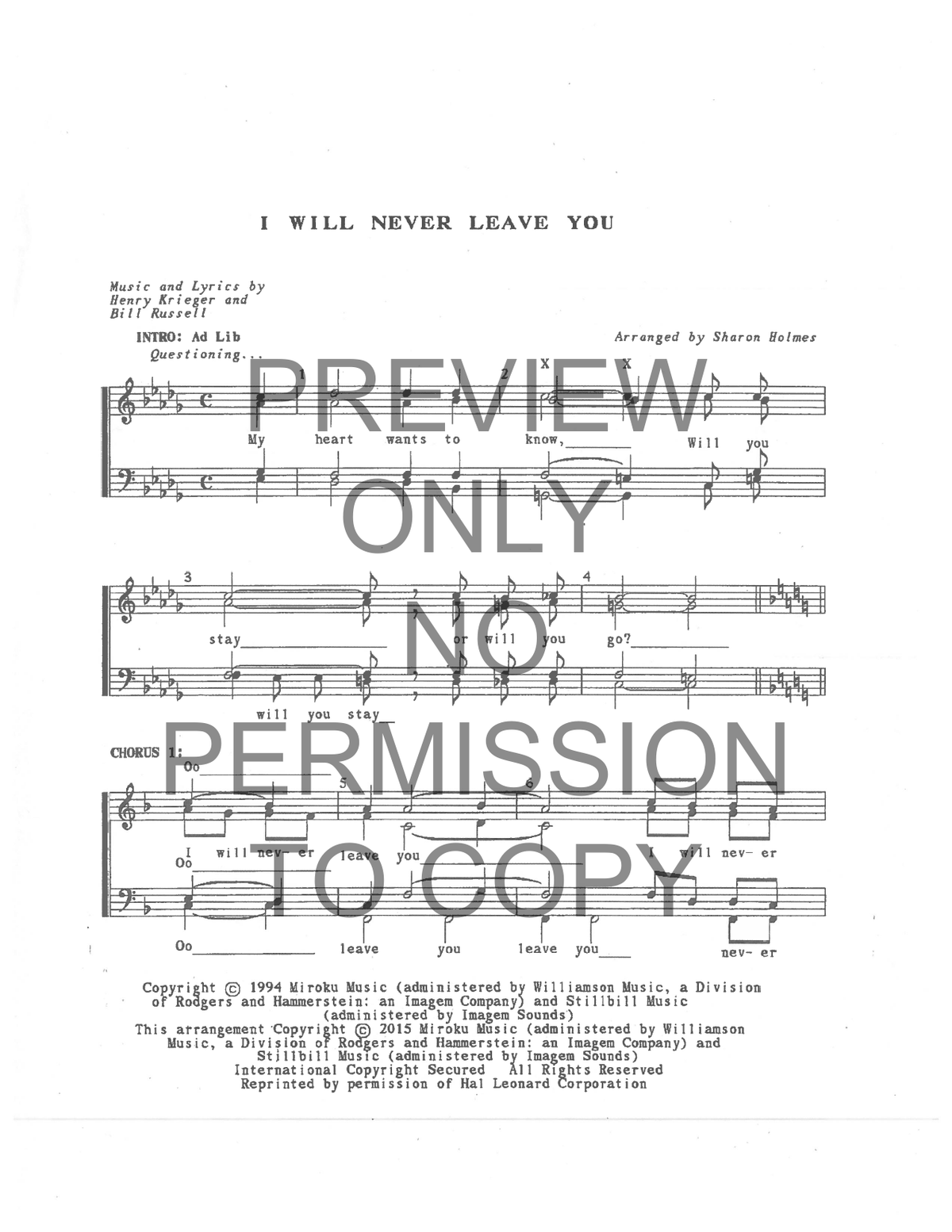 I Will Never Leave You — sheet music preview, arranged by Sharon Holmes