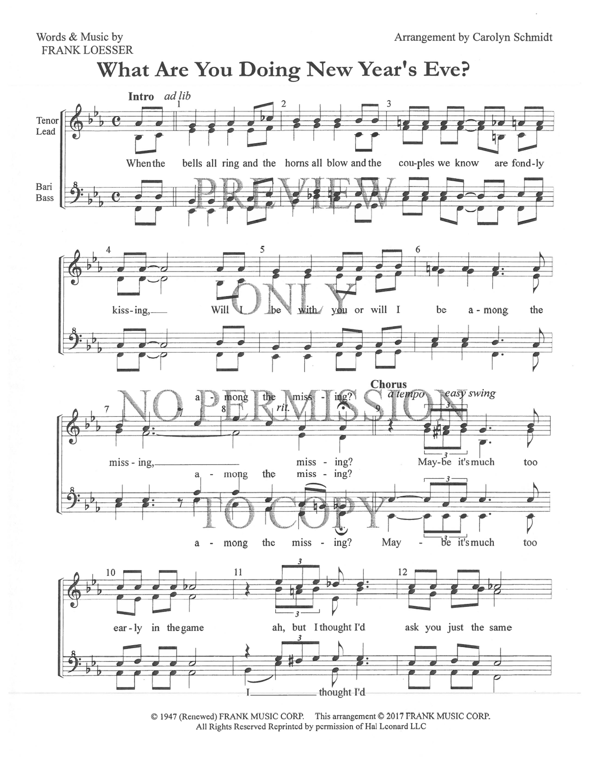 What Are You Doing New Year's Eve? — sheet music preview, arranged by Carolyn Schmidt