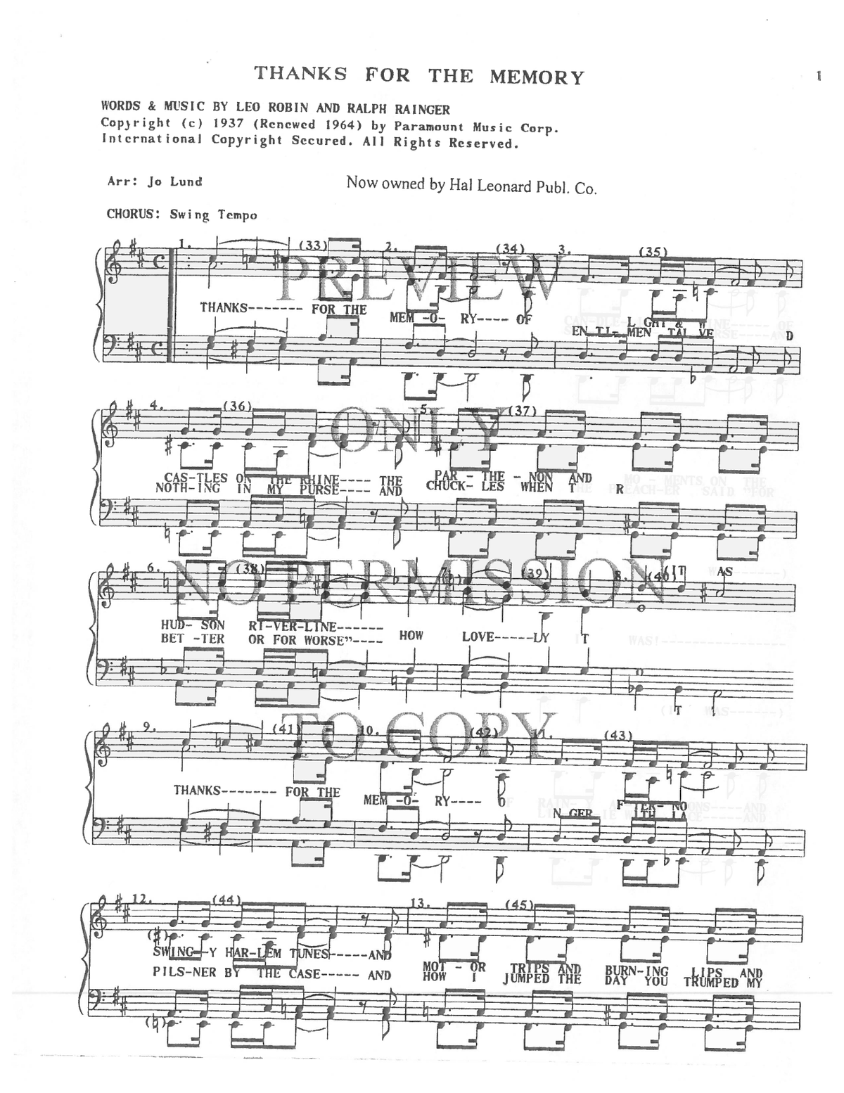 Thanks For The Memory — sheet music preview, arranged by Jo Lund