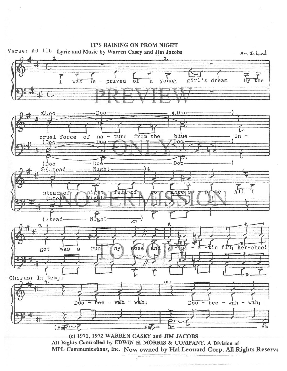 It's Raining On Prom Night — sheet music preview, arranged by Jo Lund