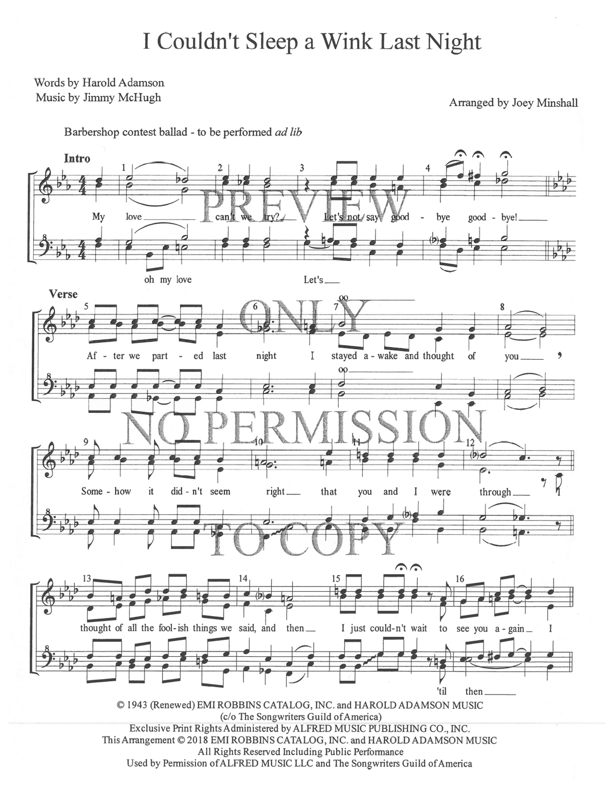 I Couldn't Sleep A Wink Last Night — sheet music preview, arranged by Joey Minshall