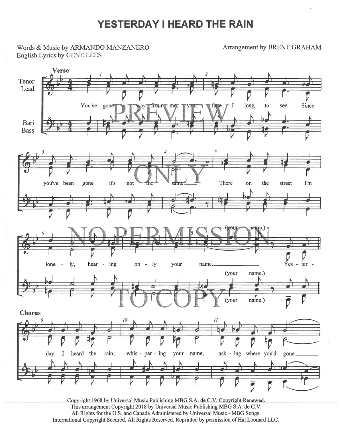 Yesterday I Heard The Rain — sheet music preview, arranged by Brent Graham