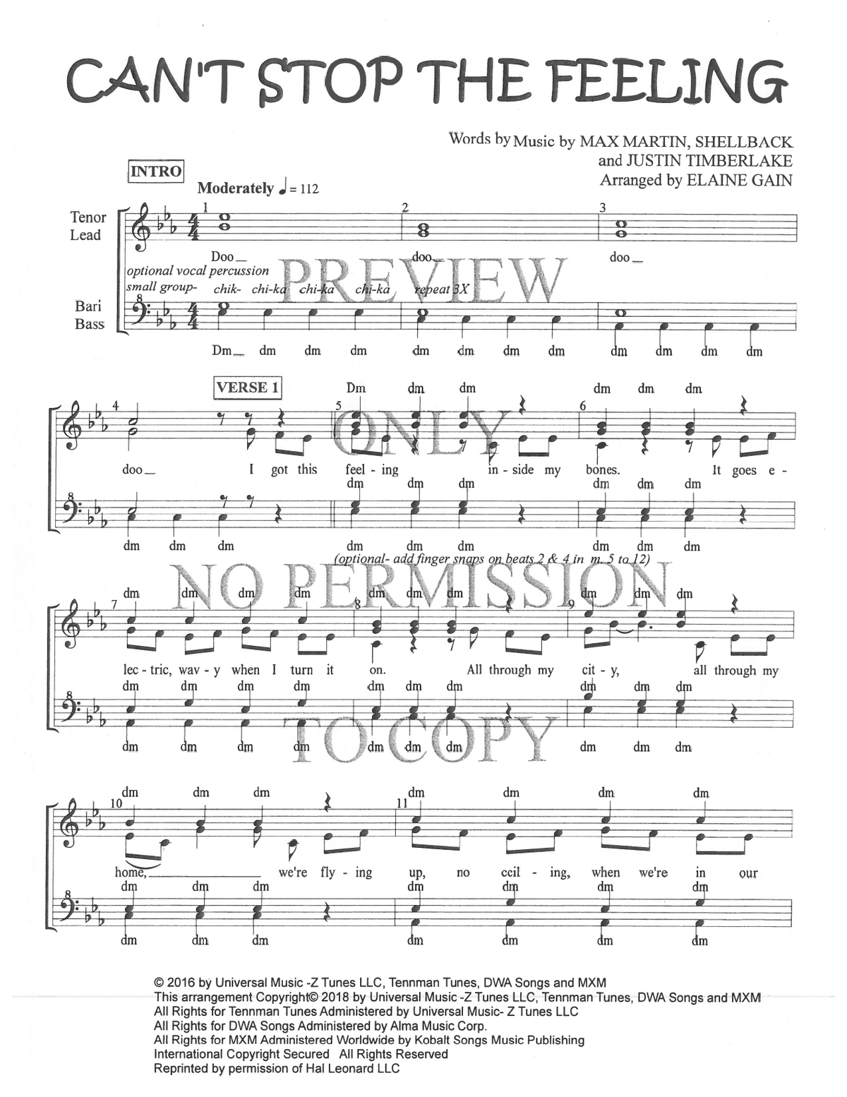 Can't Stop The Feeling — sheet music preview, arranged by Elaine Gain