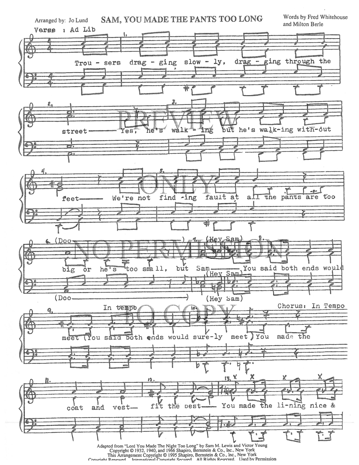 Sam, You Made The Pants Too Long — sheet music preview, arranged by Jo Lund