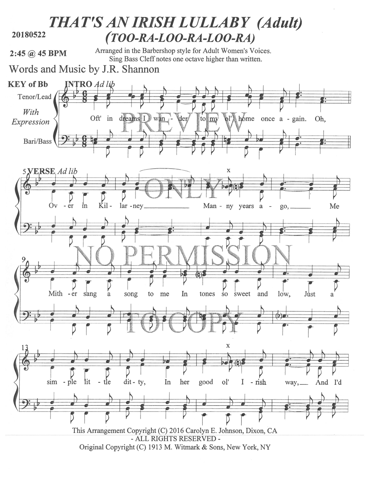 YW - That's An Irish Lullaby — sheet music preview, arranged by Carolyn Johnson