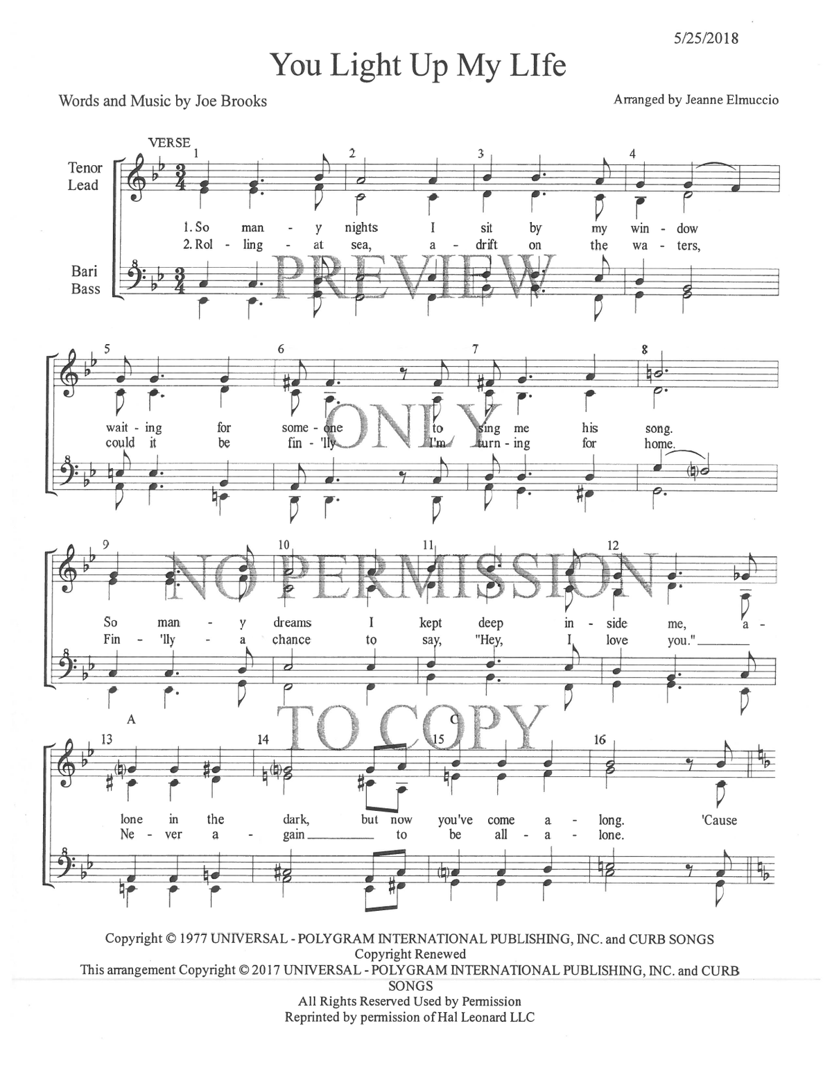 You Light Up My Life — sheet music preview, arranged by Jeanne Elmuccio