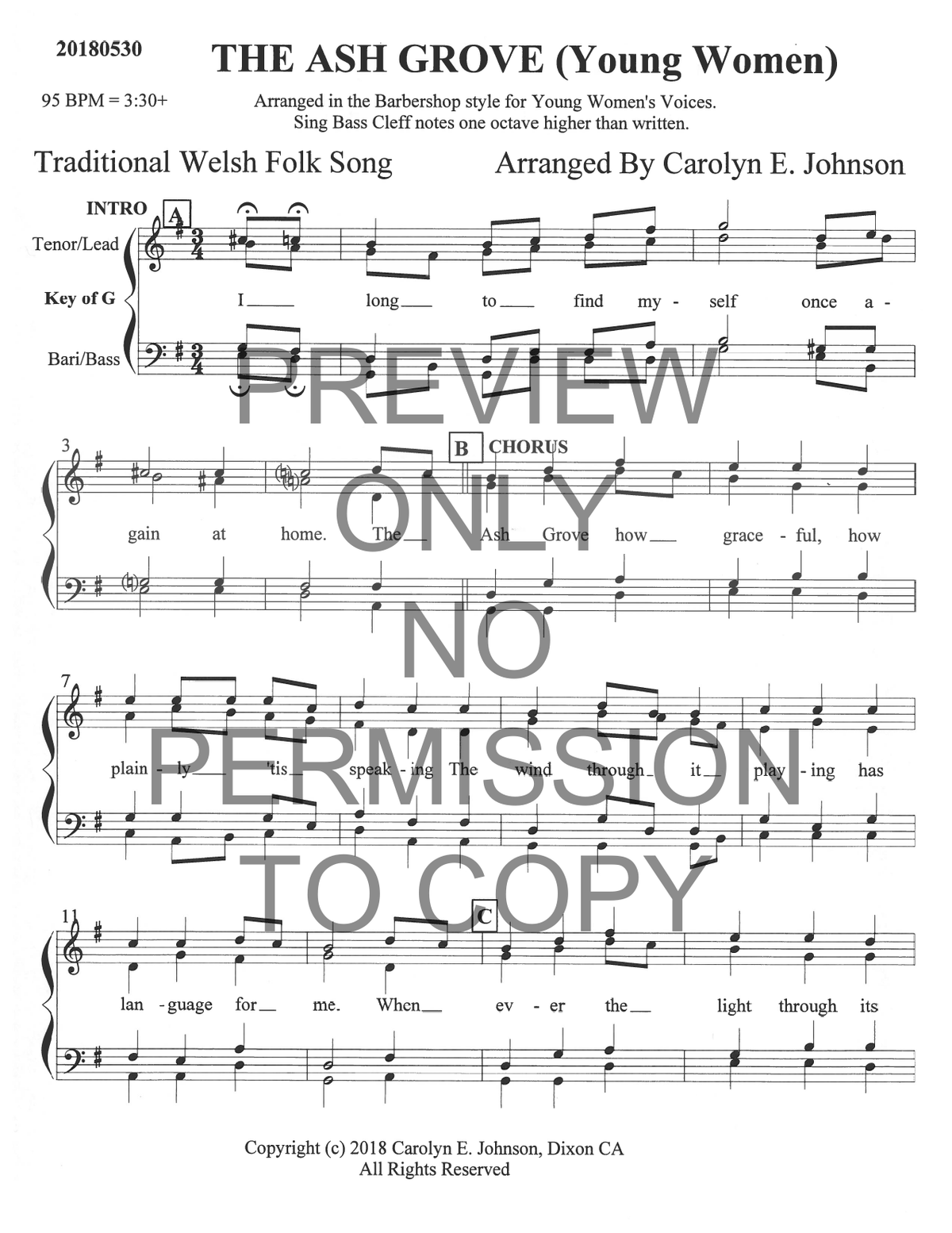 YW - The Ash Grove — sheet music preview, arranged by Carolyn Johnson