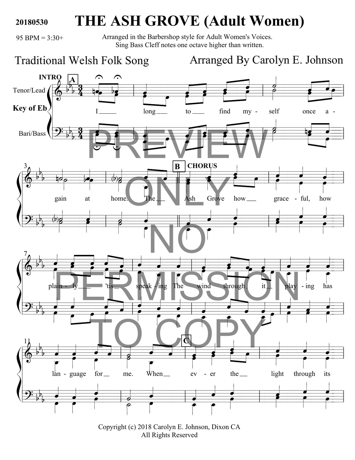 The Ash Grove — sheet music preview, arranged by Carolyn Johnson