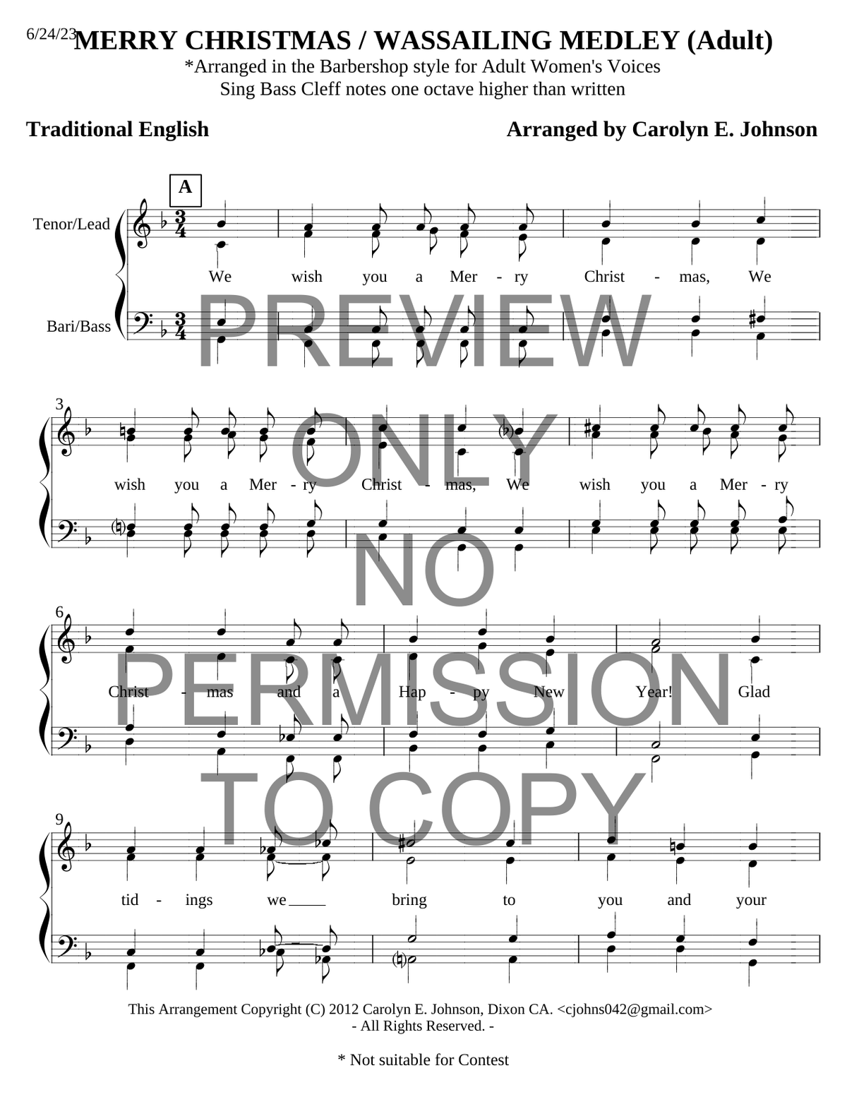 Merry Christmas, Wassailing Medley — sheet music preview, arranged by Carolyn Johnson