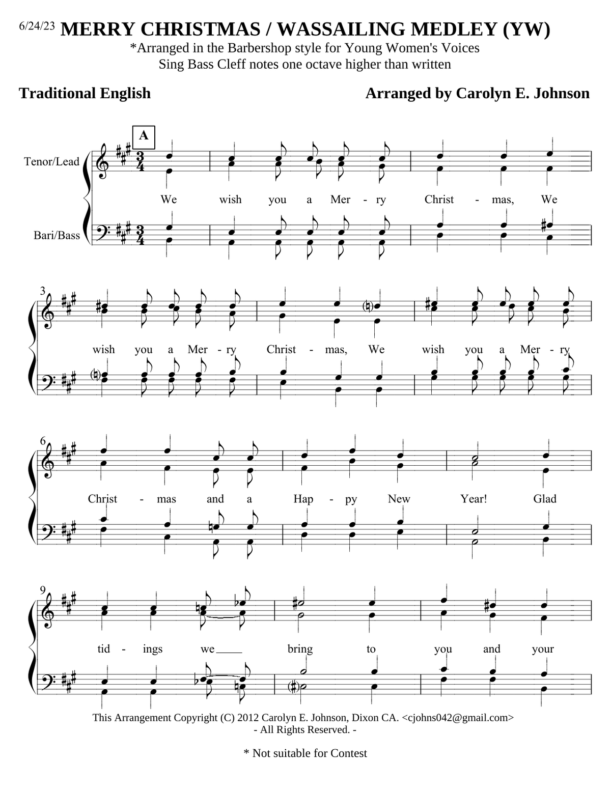 YW - Merry Christmas, Wassailing Medley — sheet music preview, arranged by Carolyn Johnson