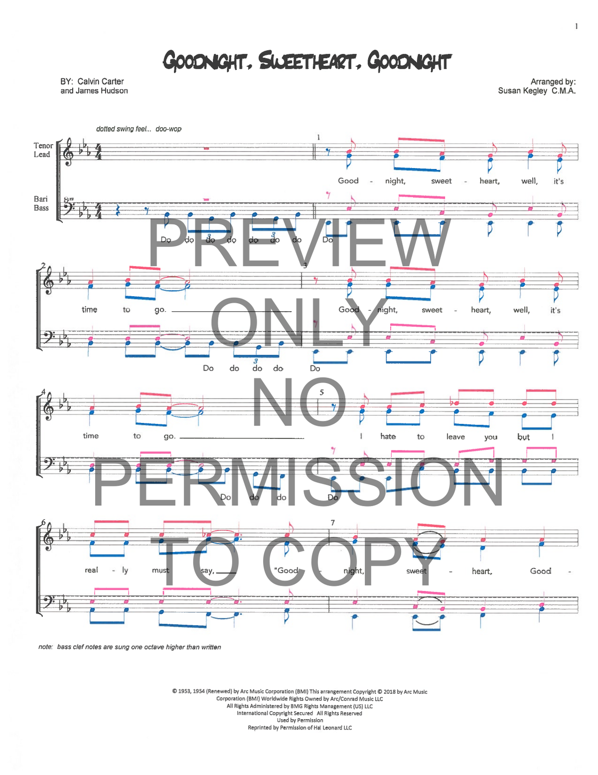 Goodnight, Sweetheart, Goodnight — sheet music preview, arranged by Susan Kegley