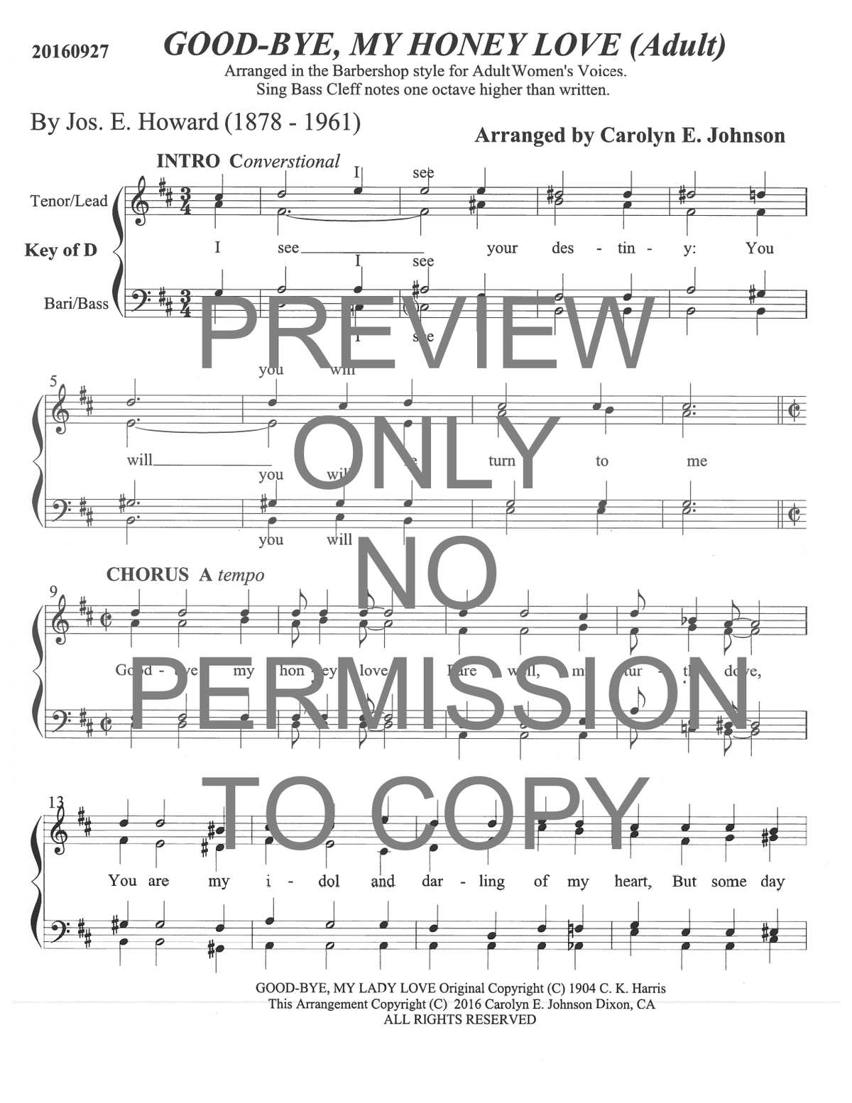 Good-Bye, My Honey Love — sheet music preview, arranged by Carolyn Johnson
