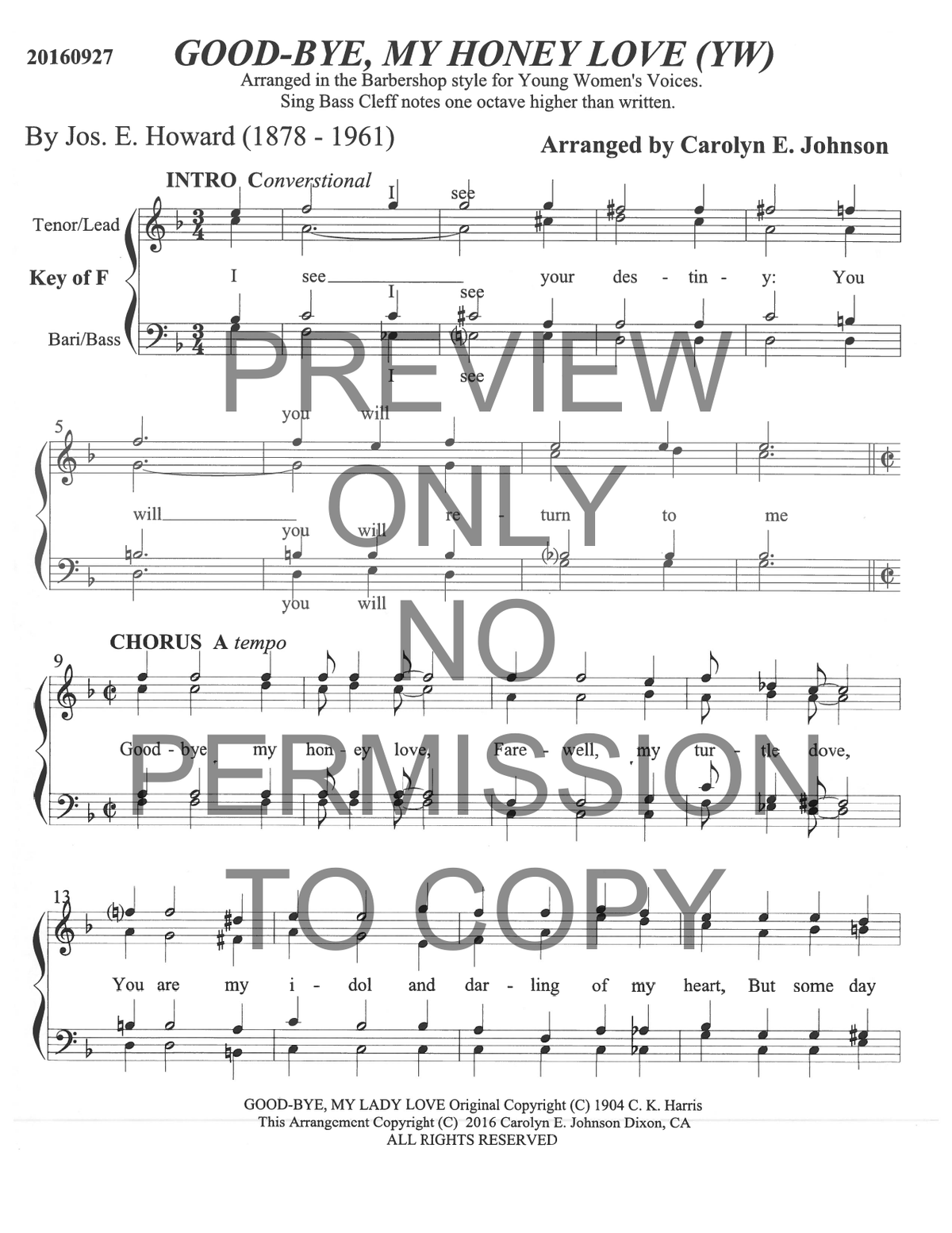 YW - Good-Bye, My Honey Love — sheet music preview, arranged by Carolyn Johnson
