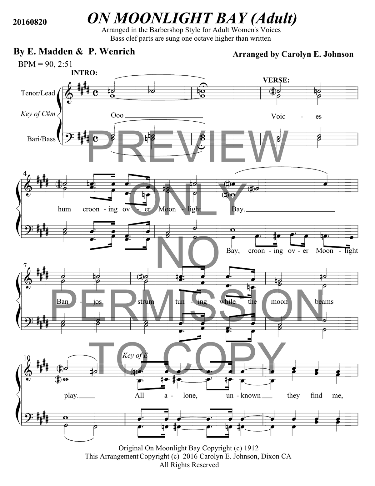 On Moonlight Bay — sheet music preview, arranged by Carolyn Johnson