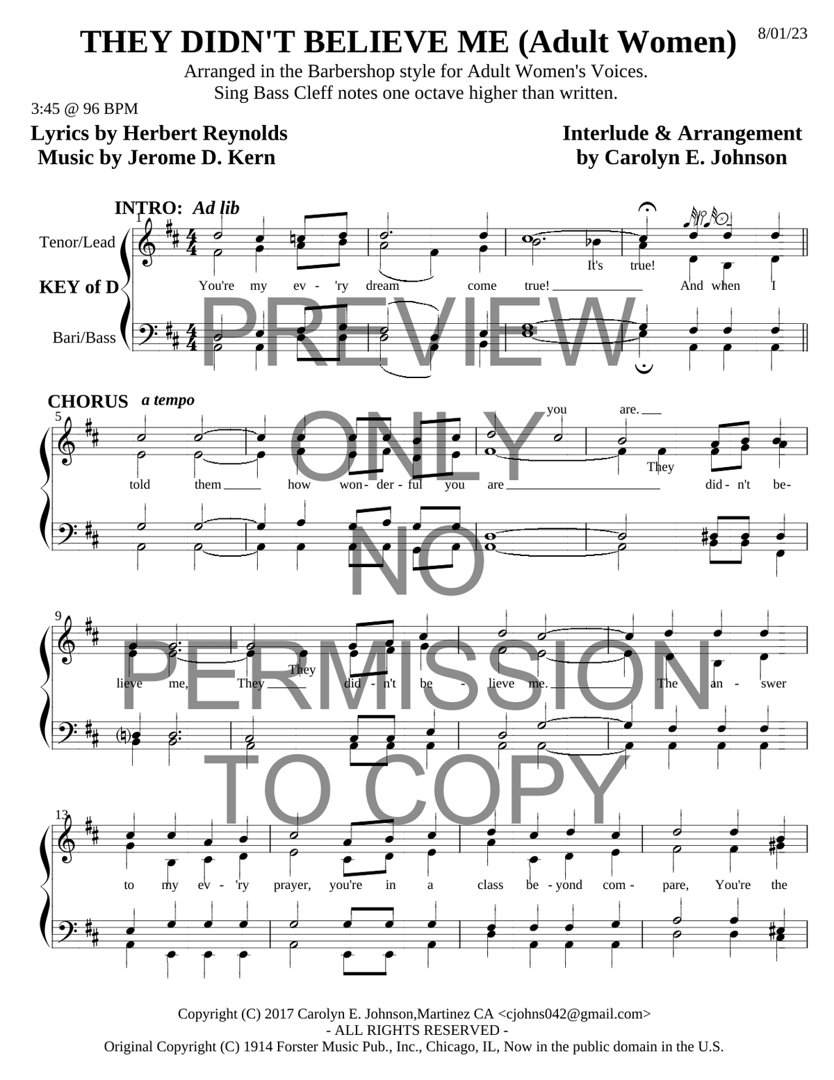 They Didn't Believe Me — sheet music preview, arranged by Carolyn Johnson