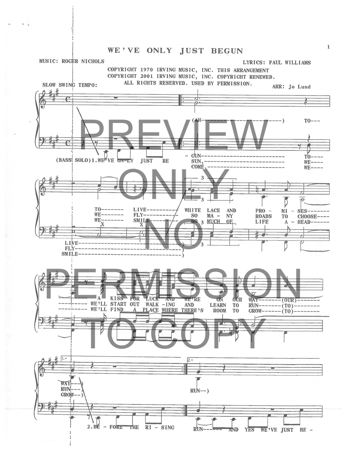 We've Only Just Begun — sheet music preview, arranged by Jo Lund