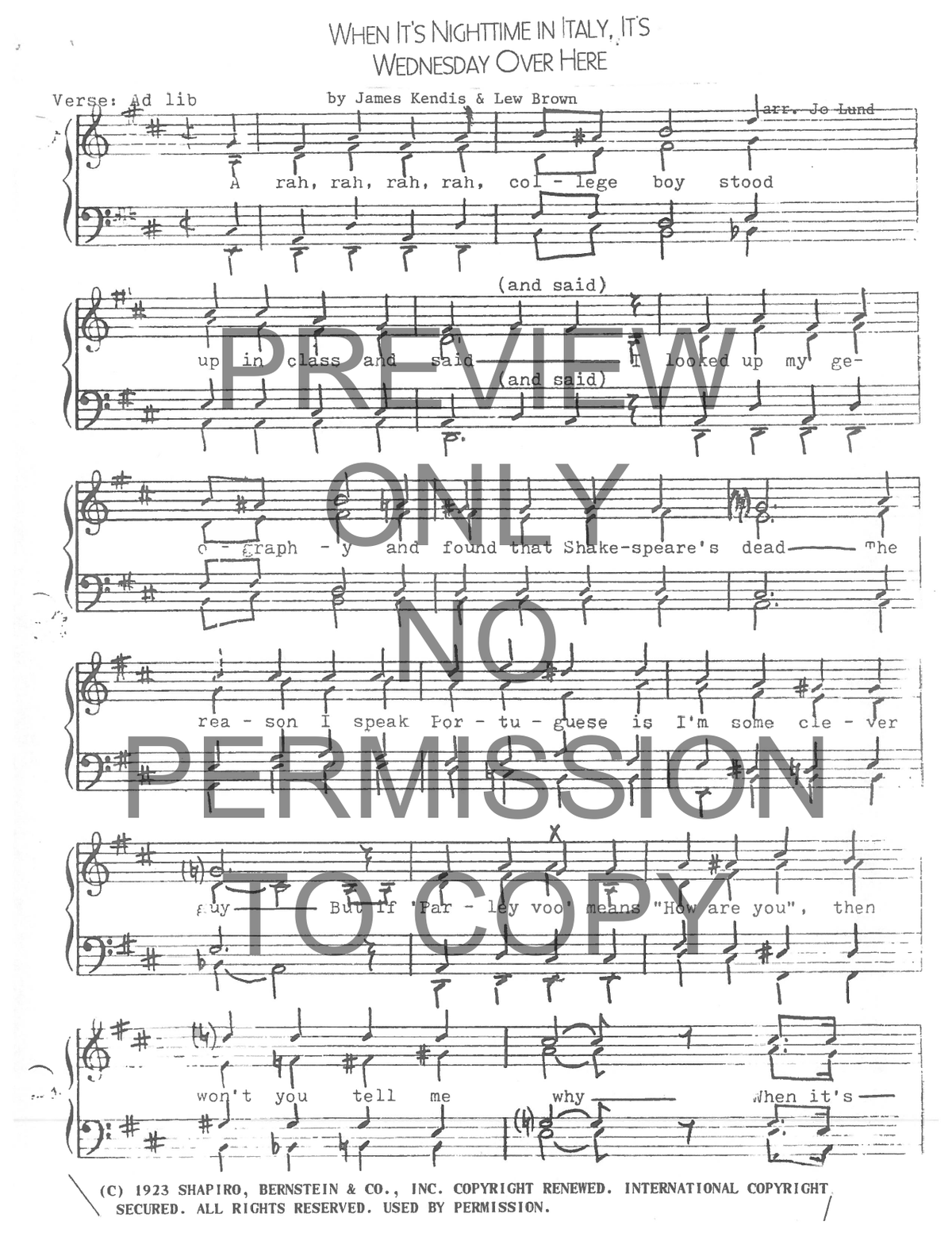When It's Nightime In Italy, It's Wednesday Over Here — sheet music preview, arranged by Jo Lund
