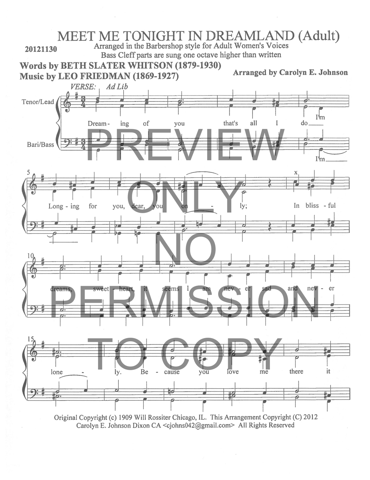 Meet Me Tonight In Dreamland — sheet music preview, arranged by Carolyn Johnson