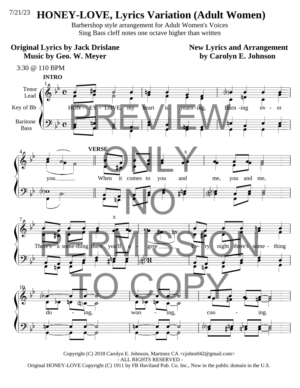 Honey-Love — sheet music preview, arranged by Carolyn Johnson