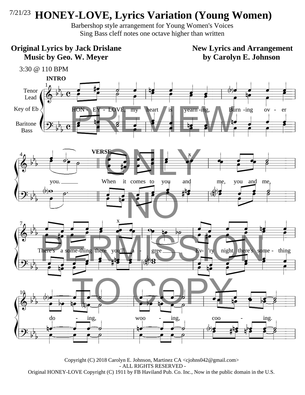 YW - Honey-Love — sheet music preview, arranged by Carolyn Johnson