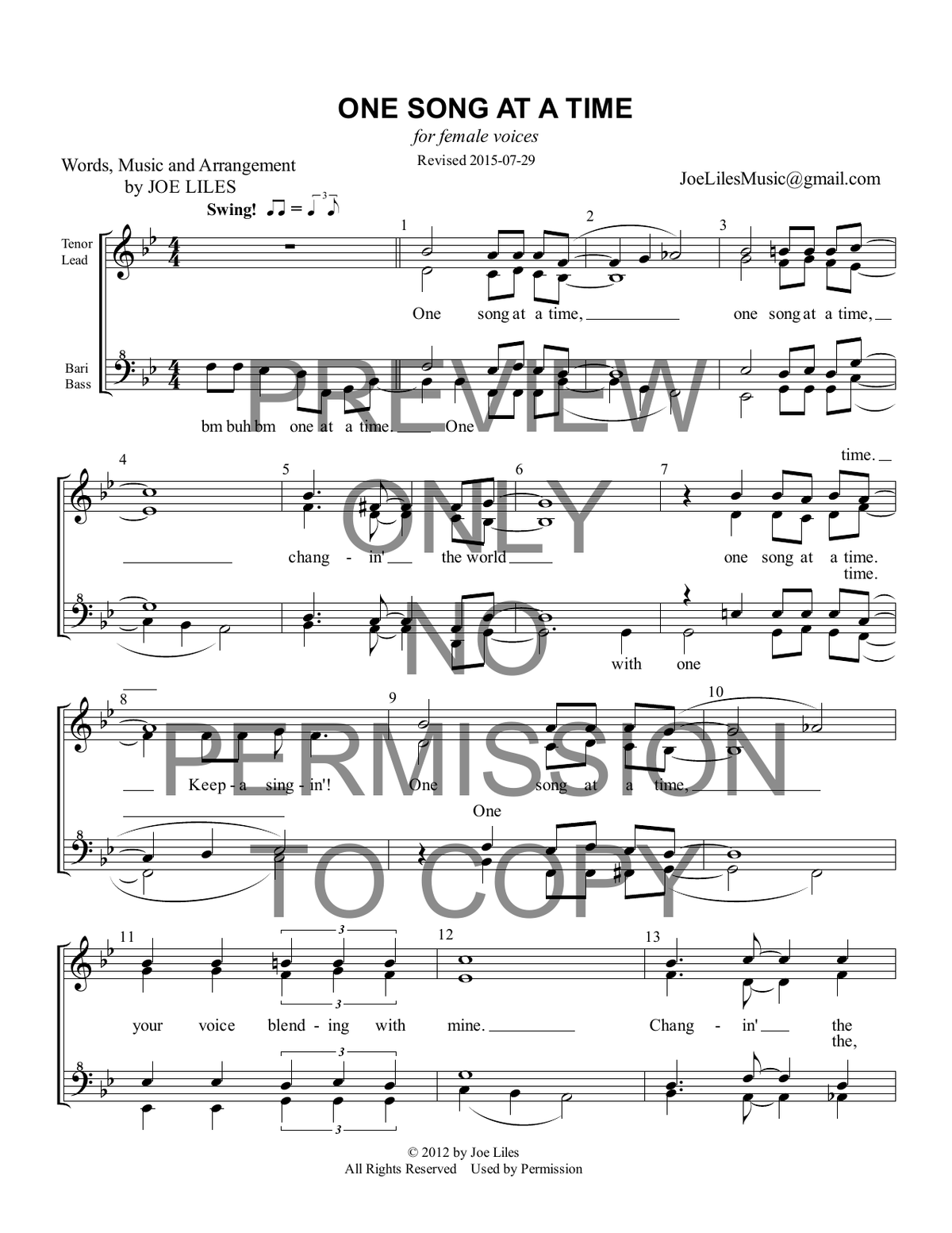 One Song At A Time — sheet music preview, arranged by Joe Liles
