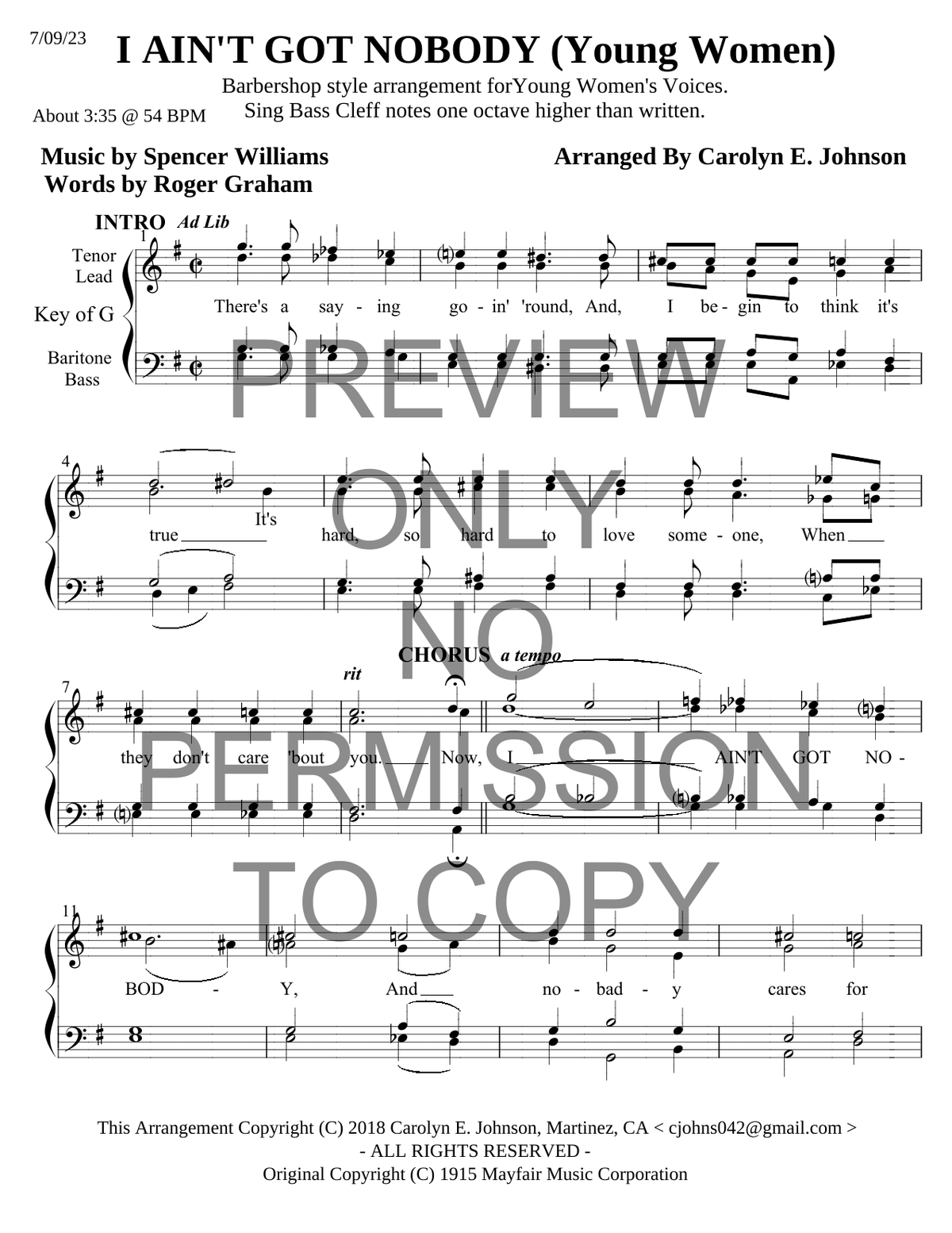 YW - I Ain't Got Nobody — sheet music preview, arranged by Carolyn Johnson