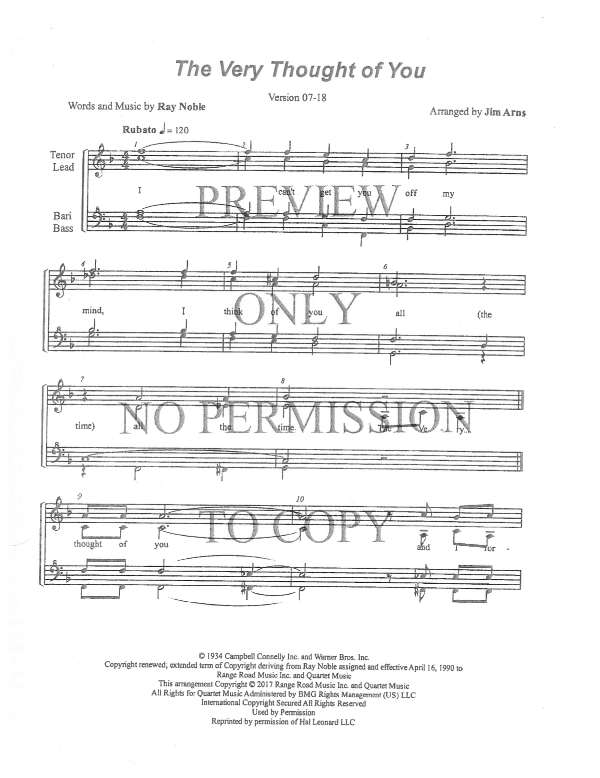 The Very Thought Of You — sheet music preview, arranged by Jim Arns