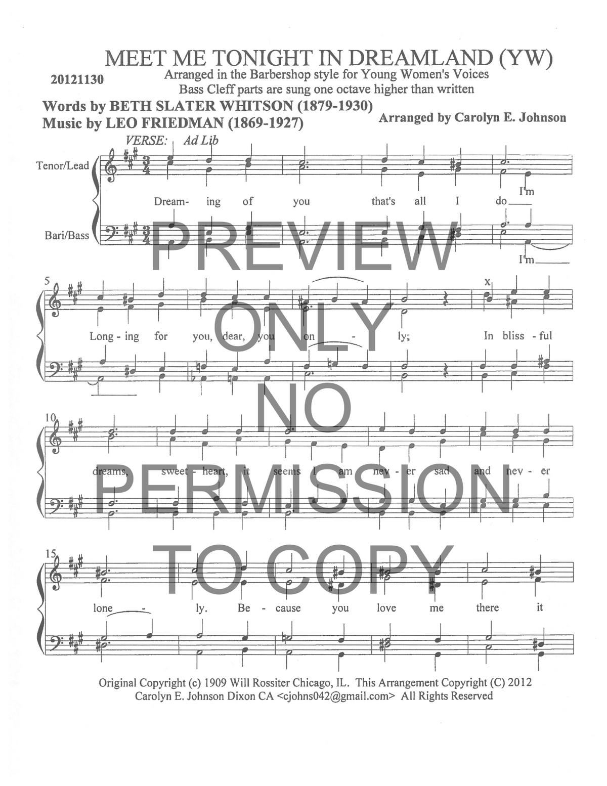 YW - Meet Me Tonight In Dreamland — sheet music preview, arranged by Carolyn Johnson
