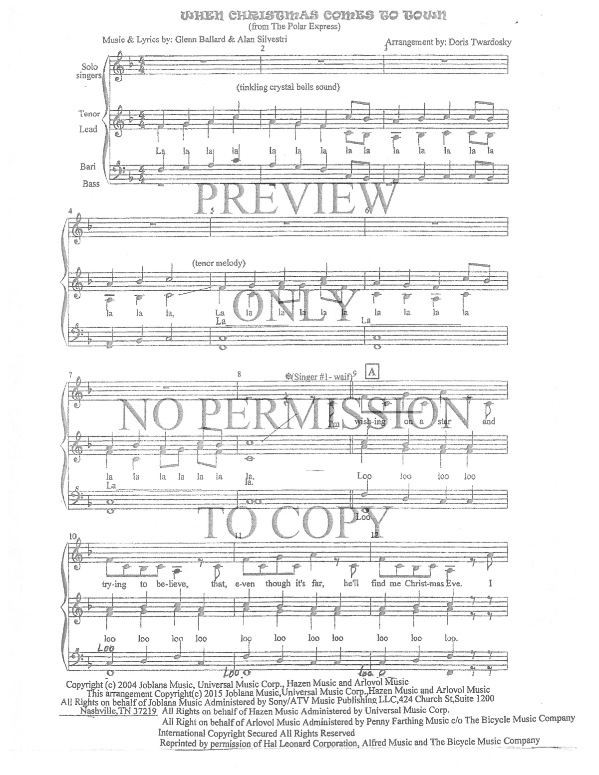 When Christmas Comes To Town — sheet music preview, arranged by Doris Twardosky