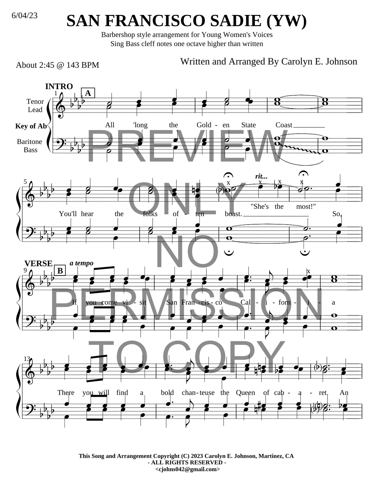 YW - San Francisco Sadie — sheet music preview, arranged by Carolyn Johnson