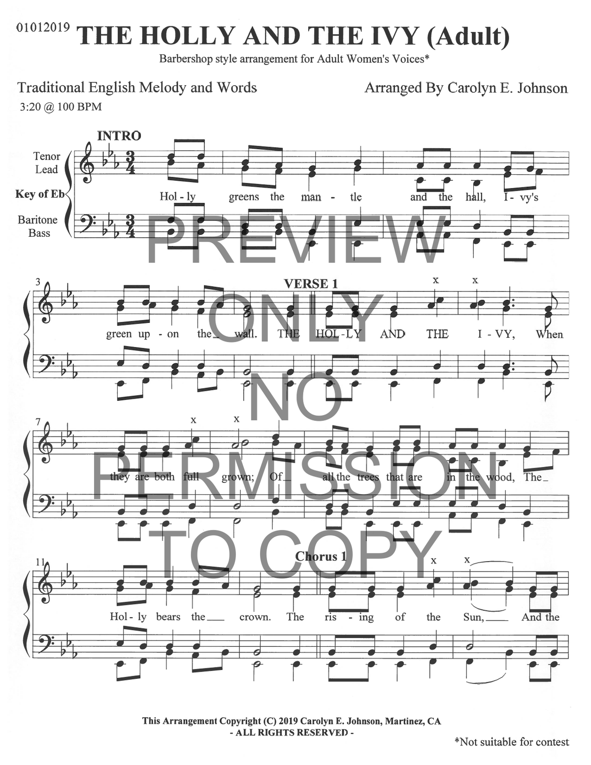 The Holly And The Ivy — sheet music preview, arranged by Carolyn Johnson