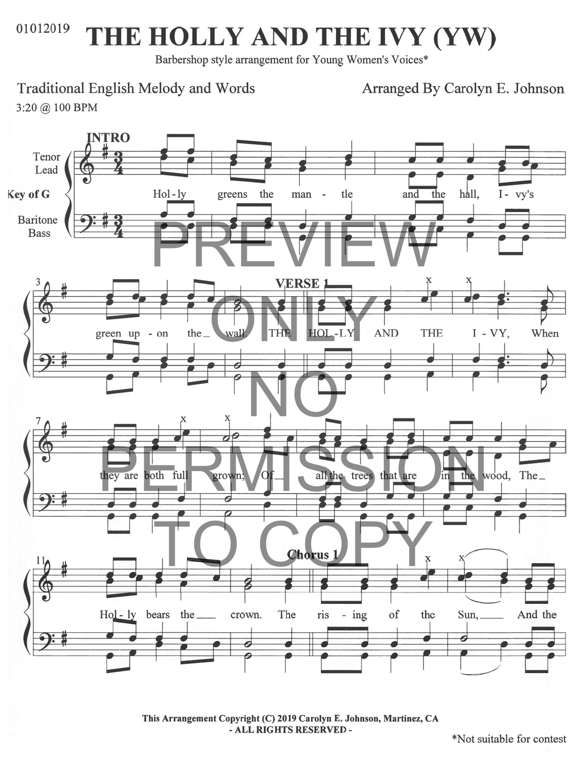 YW - The Holly And The Ivy — sheet music preview, arranged by Carolyn Johnson