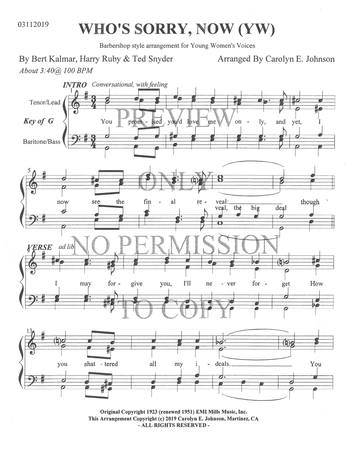 YW - Who's Sorry, Now — sheet music preview, arranged by Carolyn Johnson