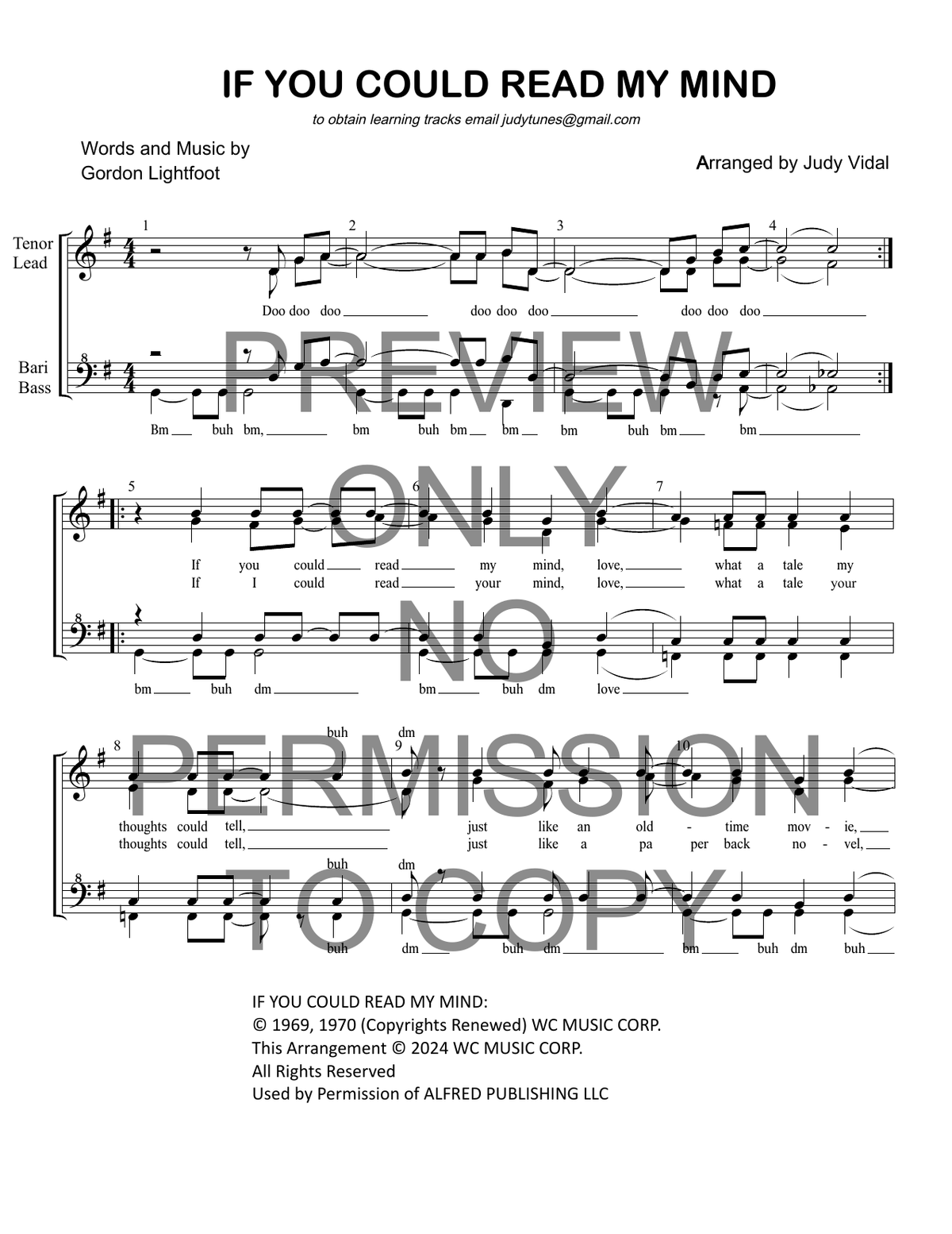 If You Could Read My Mind — sheet music preview, arranged by Judy Vidal