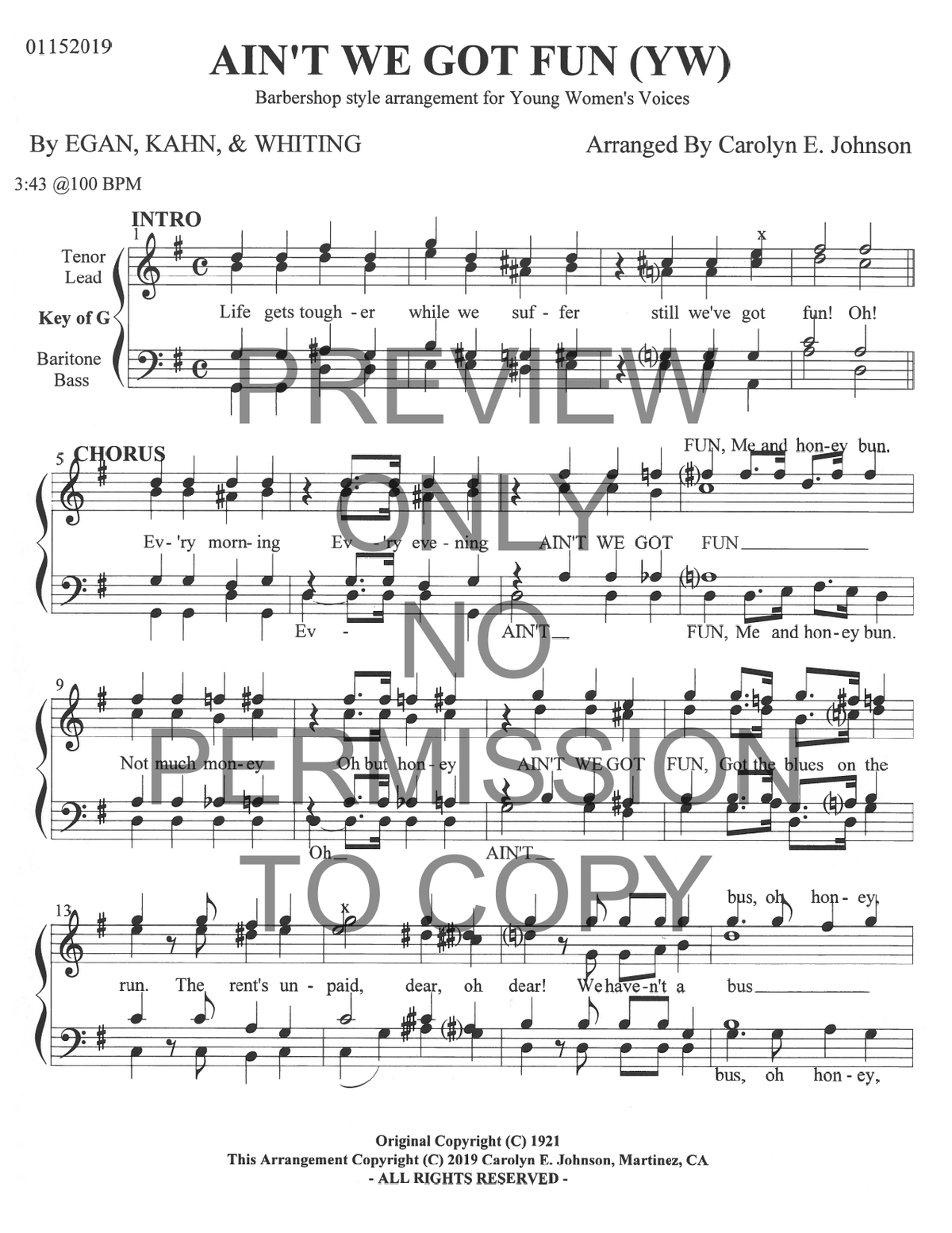 YW - Ain't We Got Fun — sheet music preview, arranged by Carolyn Johnson