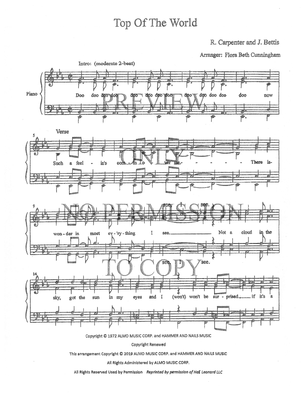 Top Of The World — sheet music preview, arranged by Flora Beth Cunningham