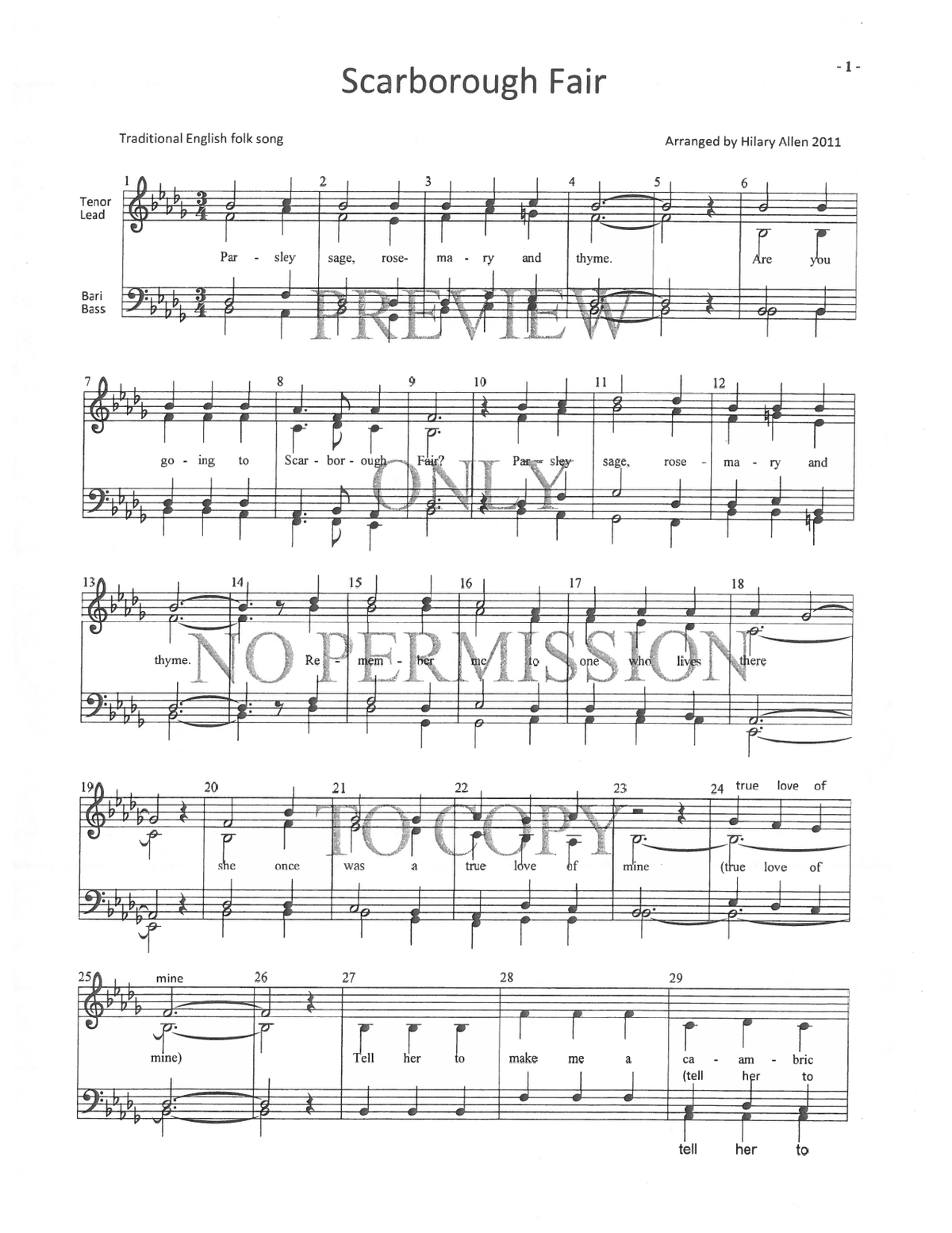 Scarborough Fair — sheet music preview, arranged by Hilary Allen