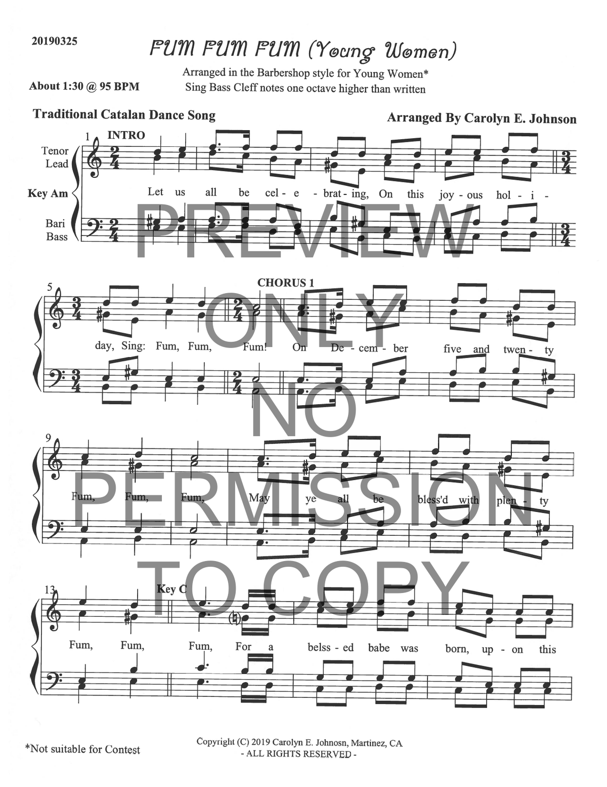 YW - Fum Fum Fum — sheet music preview, arranged by Carolyn Johnson