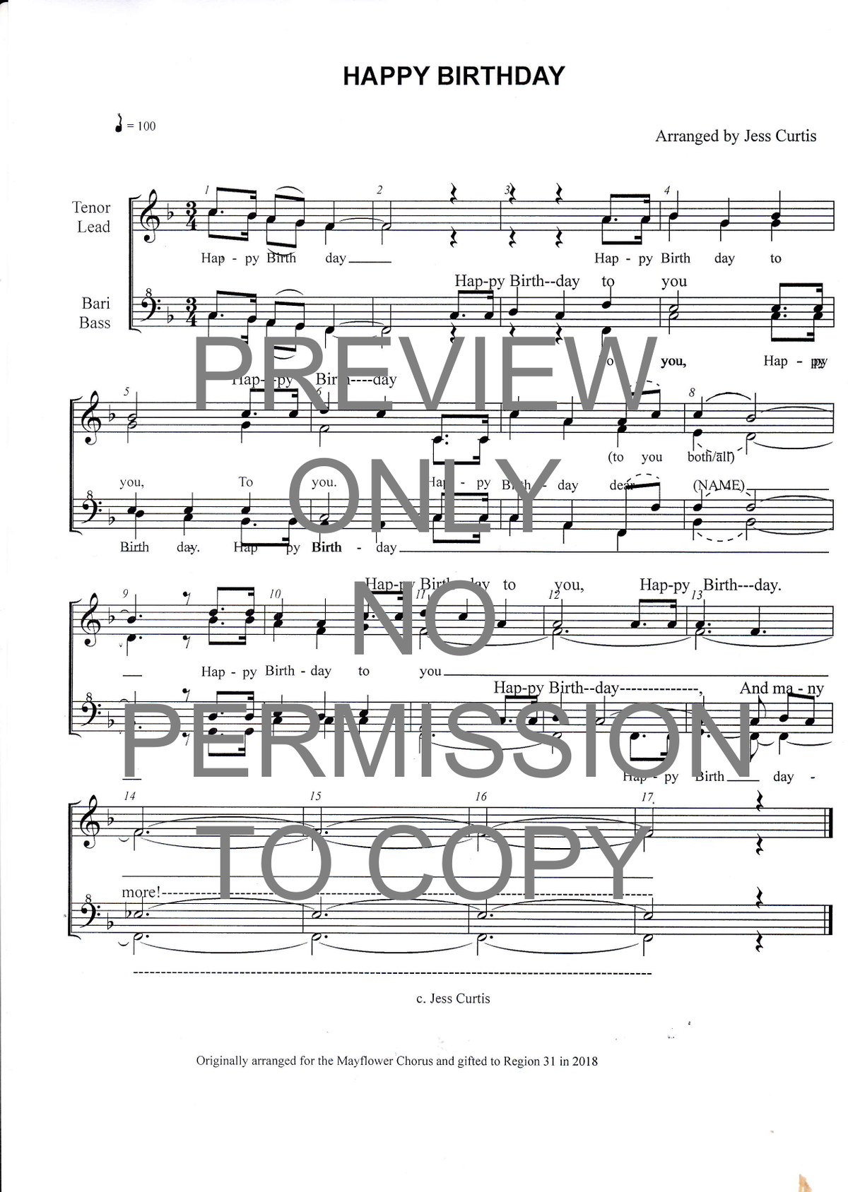 Happy Birthday — sheet music preview, arranged by Jess Curtis