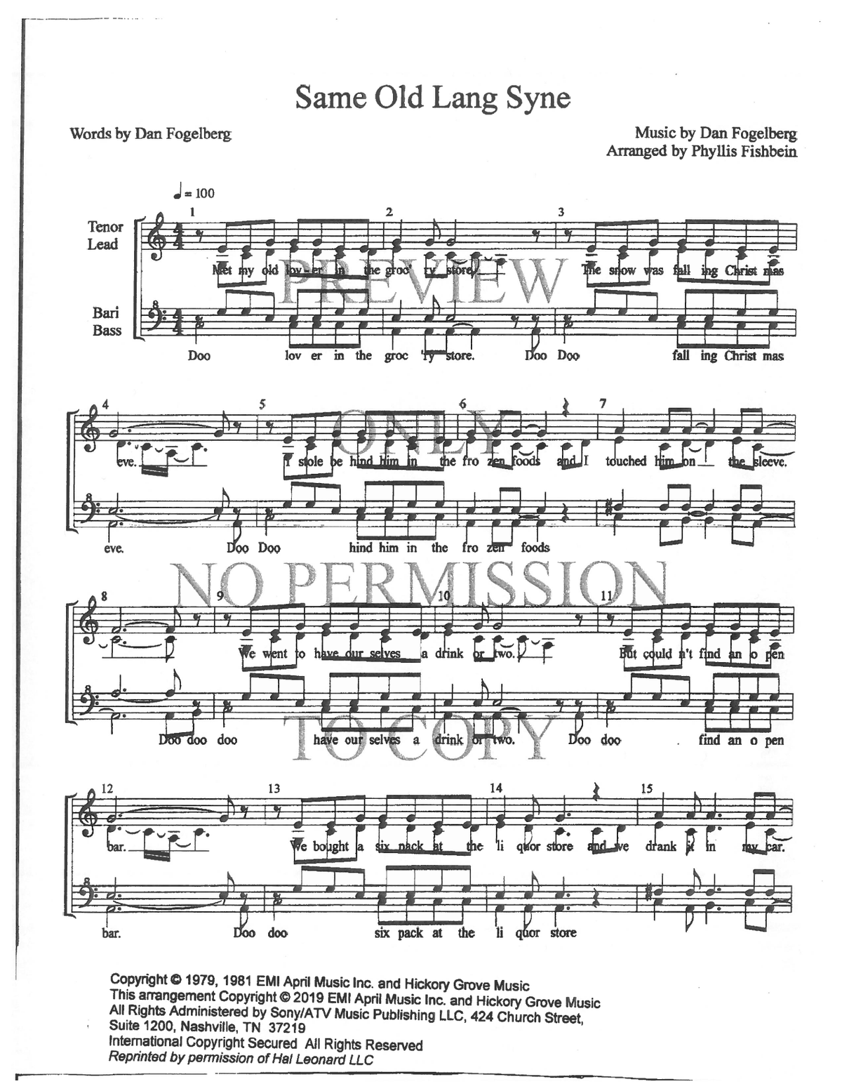Same Old Lang Syne — sheet music preview, arranged by Phyllis Fishbein