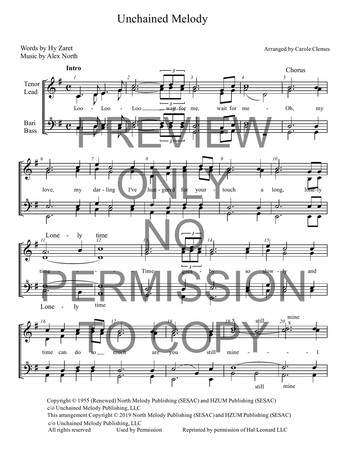 Unchained Melody — sheet music preview, arranged by Carole Clemes