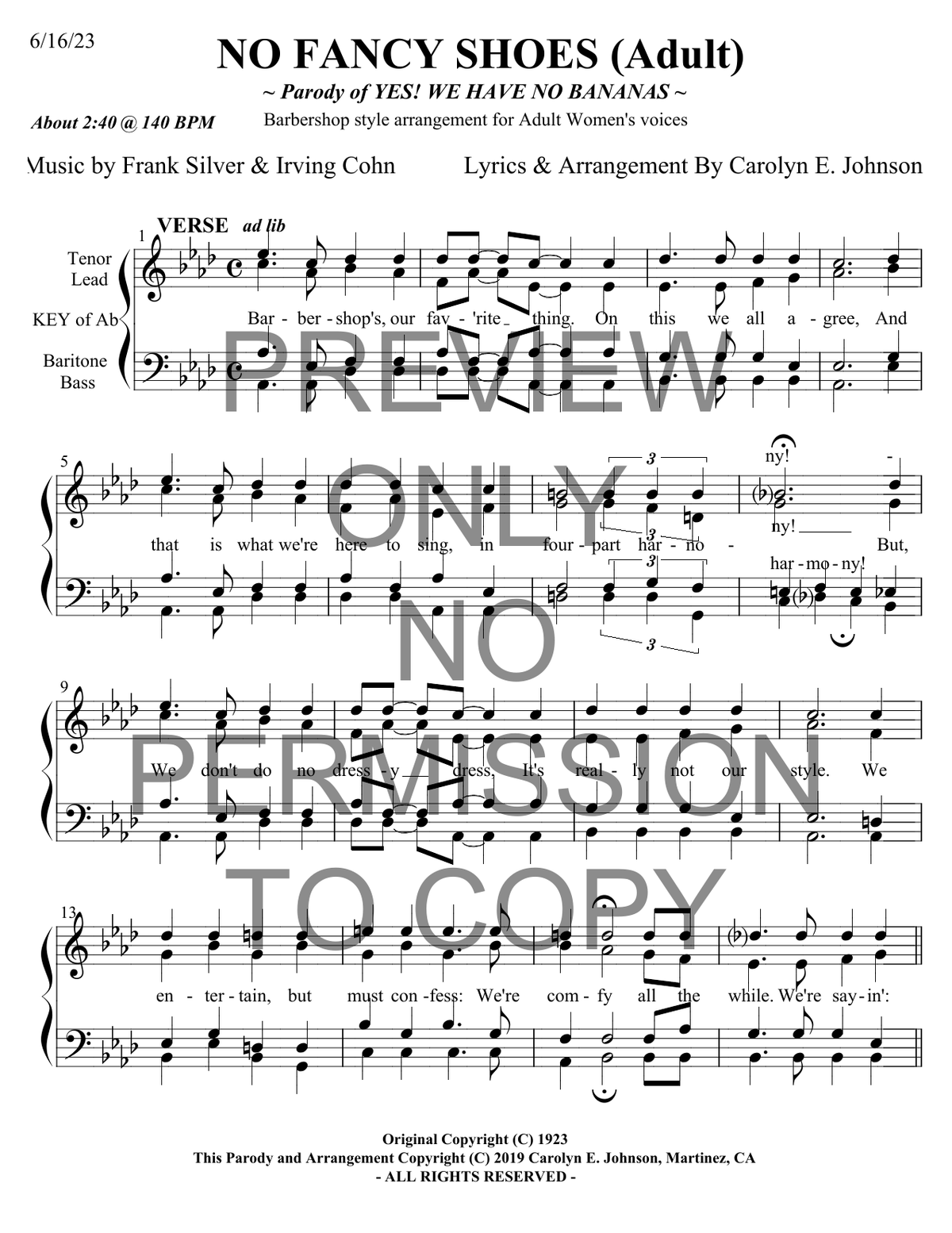 No Fancy Shoes — sheet music preview, arranged by Carolyn Johnson