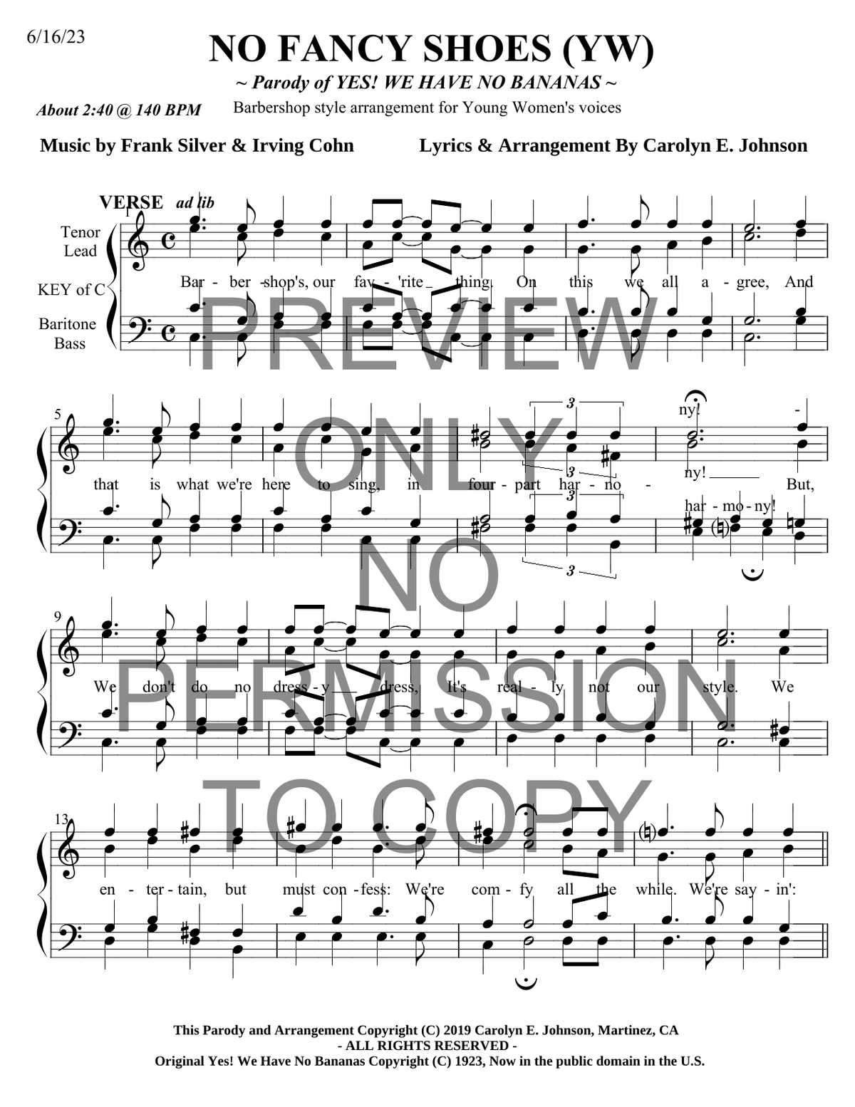 YW - No Fancy Shoes — sheet music preview, arranged by Carolyn Johnson